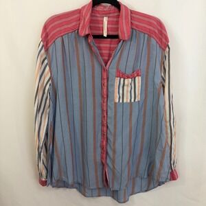 Anthropologie Striped Button Down Shirt Women XS Blue Pink Patchwork Lightweight